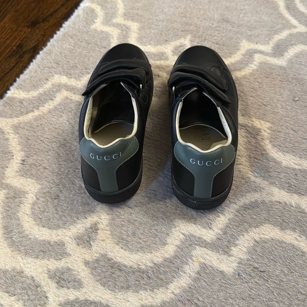 Gucci Ace Black Kids Leather Velcro Strap Dress Sneakers